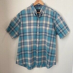 Men's Pendleton Button Down Short Sleeve Blue & Orange Plaid Shirt - Siz…